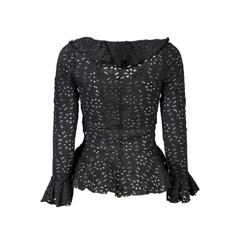 Black polyamide eyelet lace blouse with ruffles on collar, cuffs, and hem