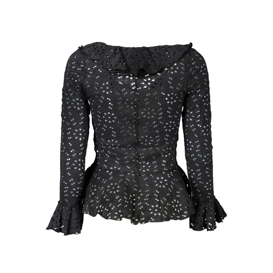 Black long-sleeve blouse with eyelet embroidery, ruffles, and a button-front closure