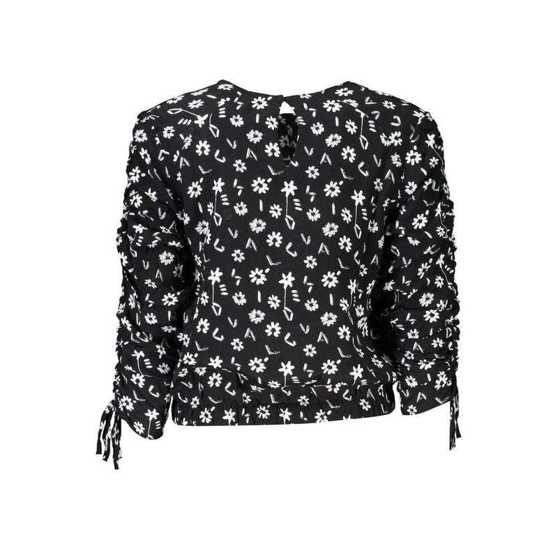 Black viscose blouse with white floral print, long ruched sleeves and keyhole back closure