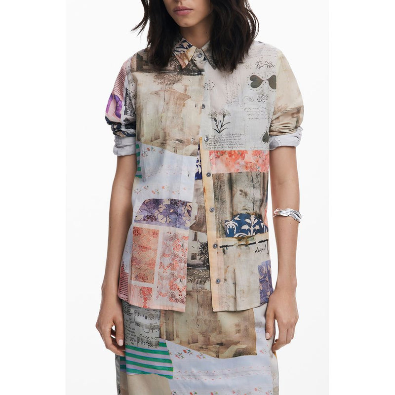 Beige cotton women's button-up shirt featuring a multicolor collage print and collar
