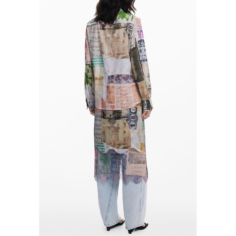 Beige cotton women's button-up shirt featuring a multicolor collage print and collar