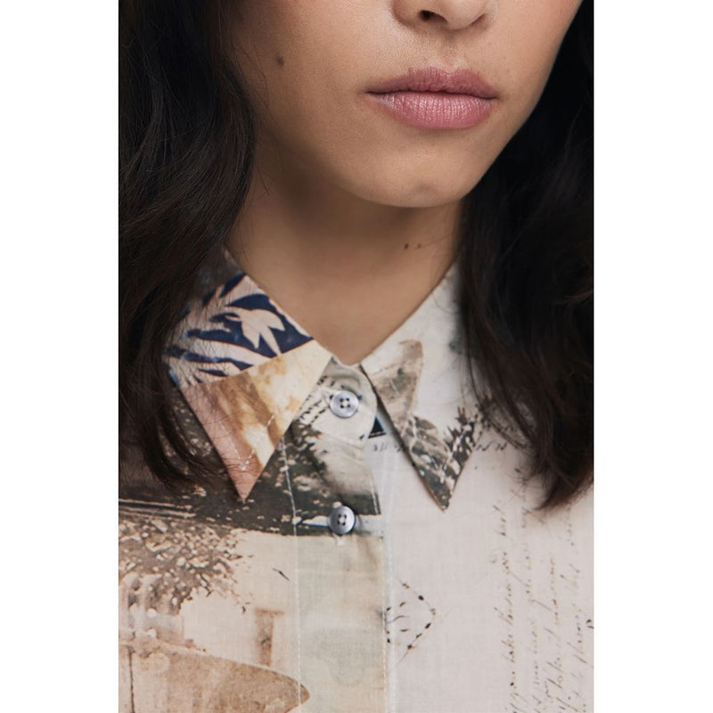 Desigual beige cotton women shirt with a graphic print and button-up front