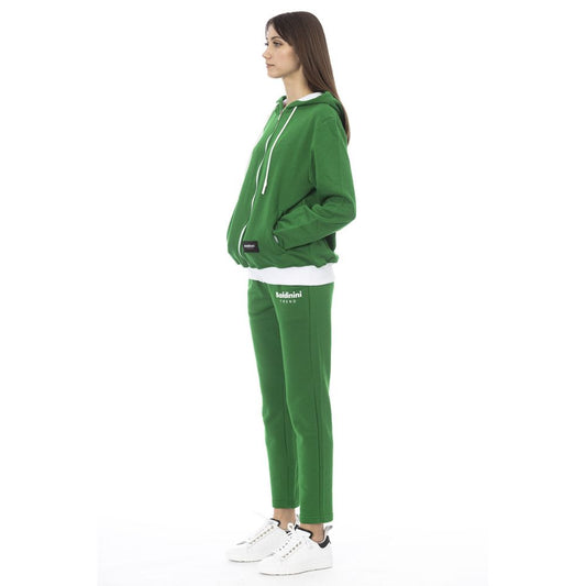 Green cotton women's hooded sweatshirt with white drawstrings and matching green sweatpants