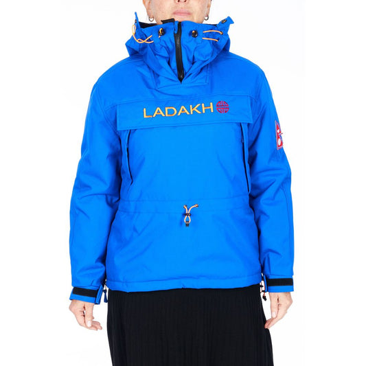 Bright blue polyester women's anorak jacket with a hood and Ladakh branding