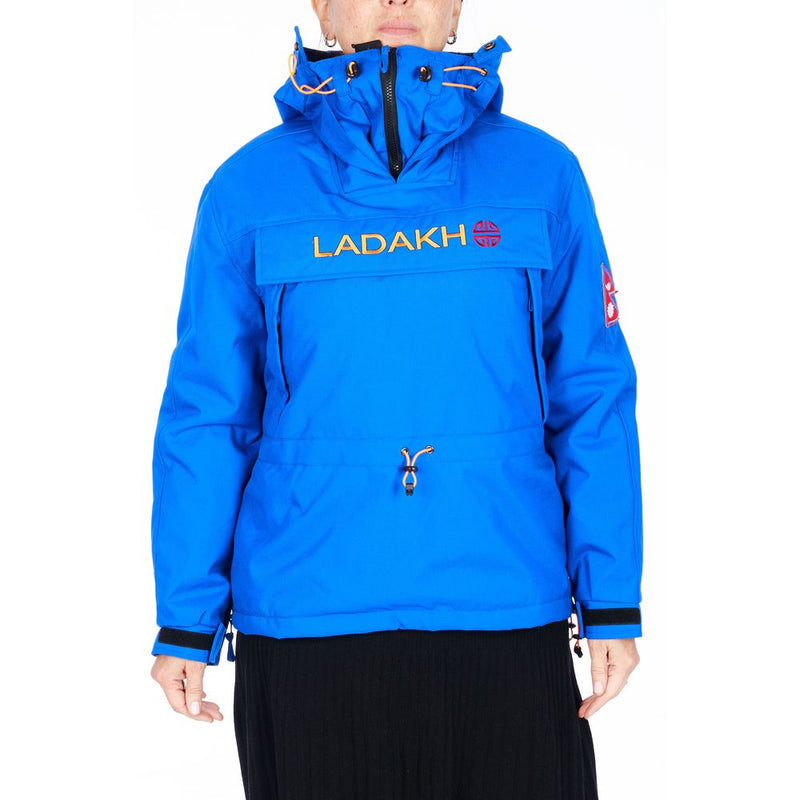 Bright blue polyester women's anorak jacket with a hood and Ladakh branding