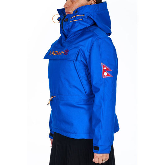 Blue polyester women anorak jacket with hood and front pocket