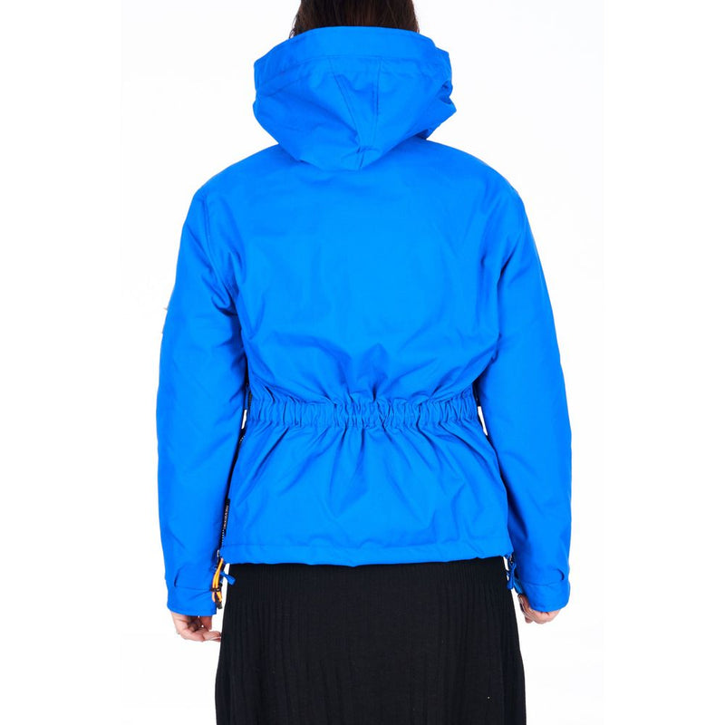 Blue polyester women hooded jacket with a cinched waist
