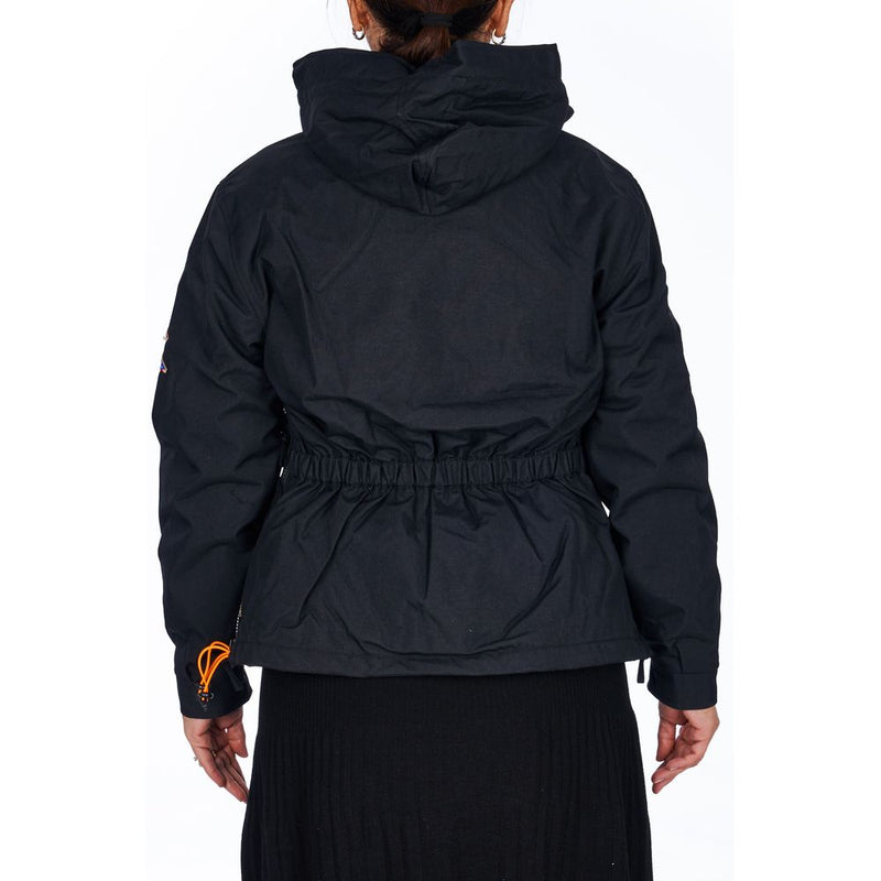 Back view of a black polyester women jacket with a hood and cinched waist