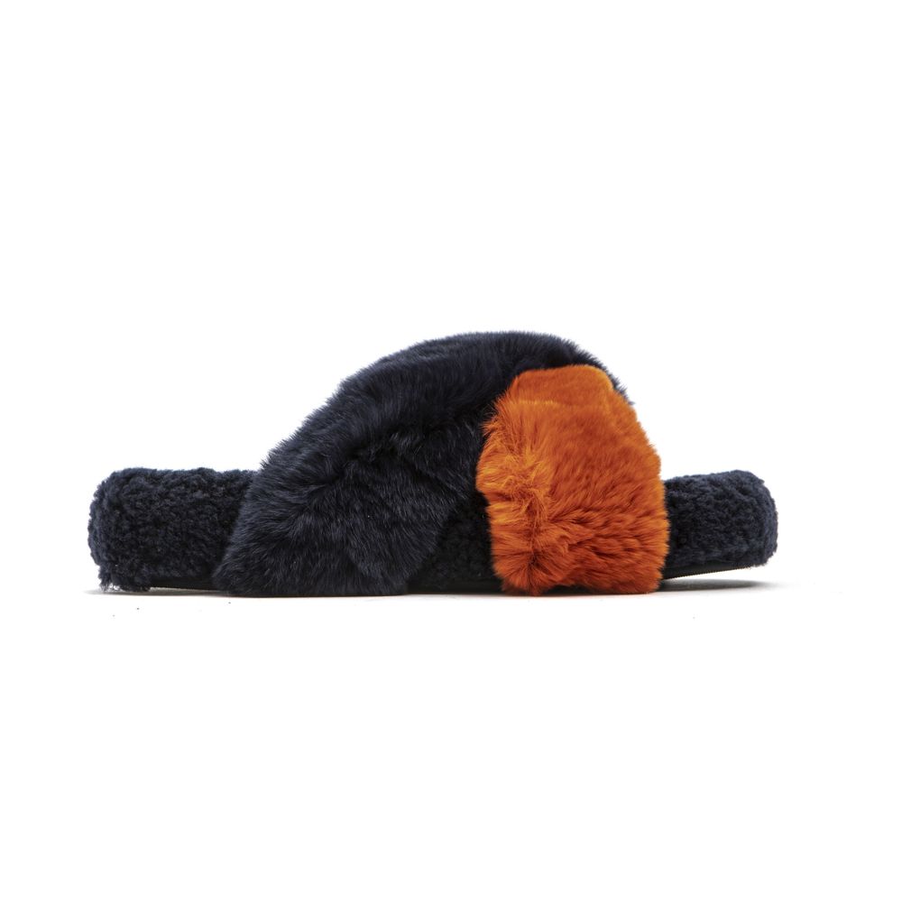Mr&Mrs Italy plush rabbit fur slide sandals with blue and orange crisscross straps on a black base.