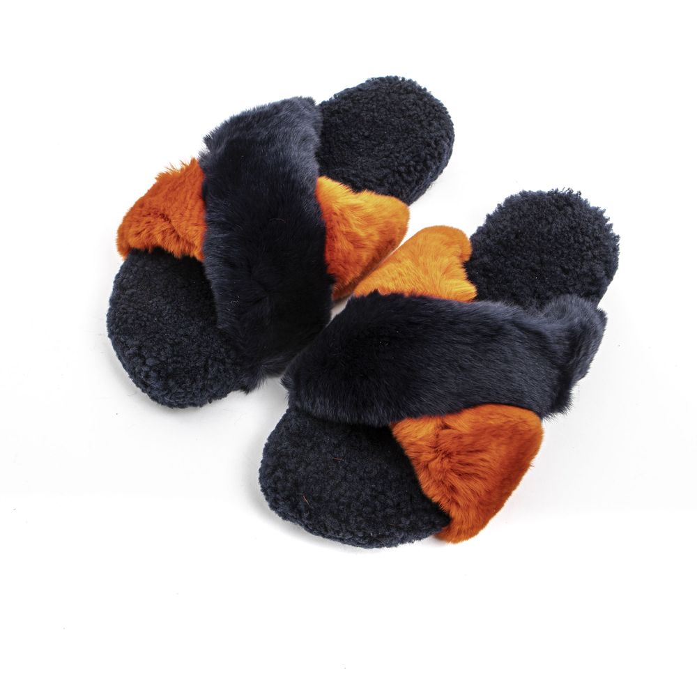 Women's slide sandals featuring navy blue and orange crisscross rabbit fur straps and textured navy footbeds.