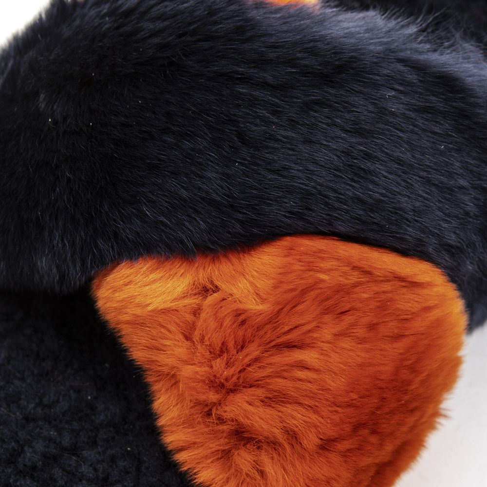 Mr&Mrs Italy slide sandal in plush navy blue and burnt orange rabbit fur, featuring a cozy, textured crossover strap.