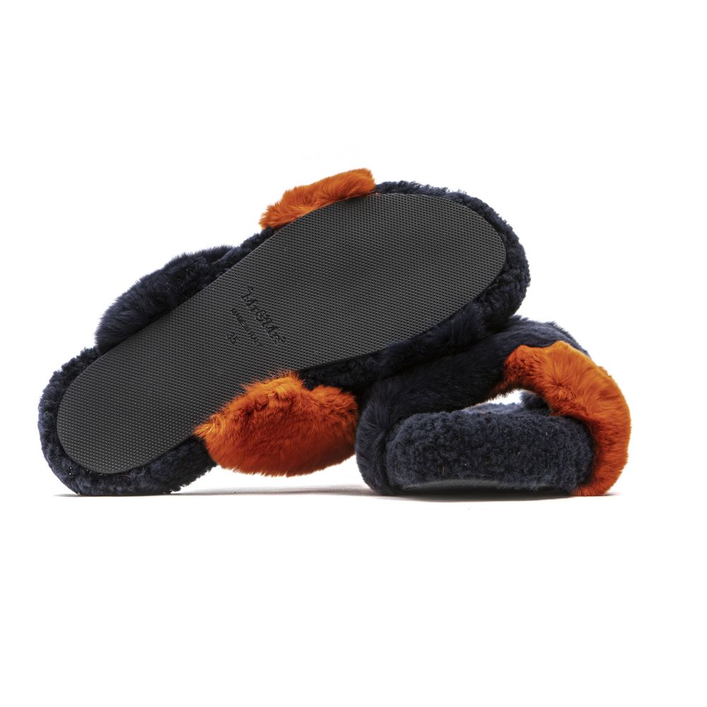 Mr&Mrs Italy blue and rust orange rabbit fur slide sandals with a black textured rubber sole.