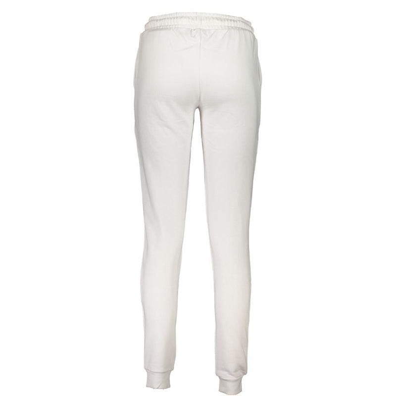 Rear view of white cotton women's sweatpants with elastic waistband and cuffs