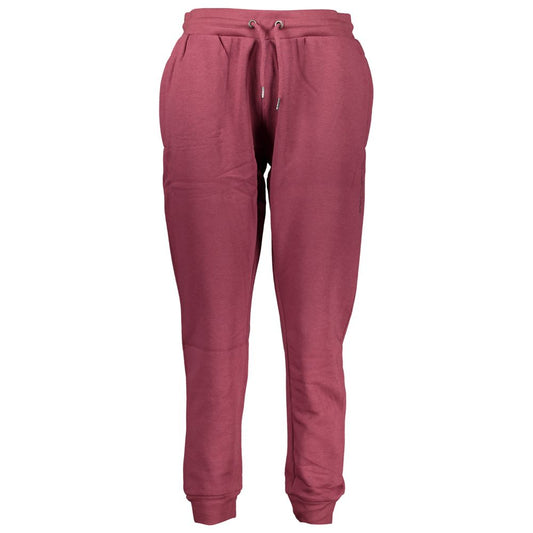 Maroon polyester women's tracksuit pants with a drawstring waist and cuffed ankles