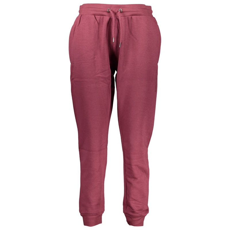Maroon polyester women's tracksuit pants with a drawstring waist and cuffed ankles