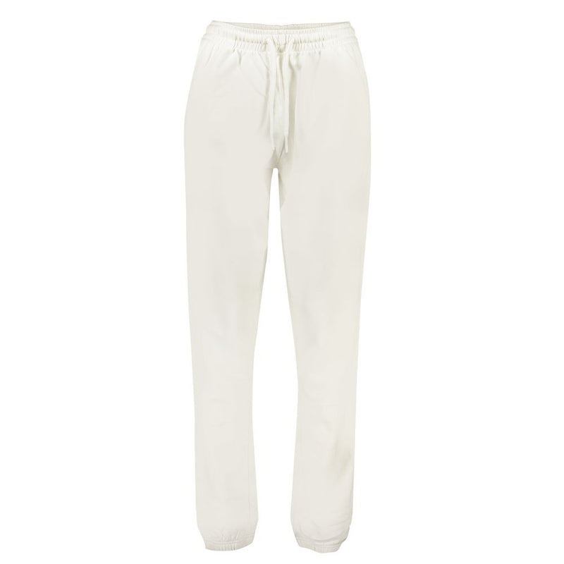 White cotton women's track pants with elastic waistband and drawstring