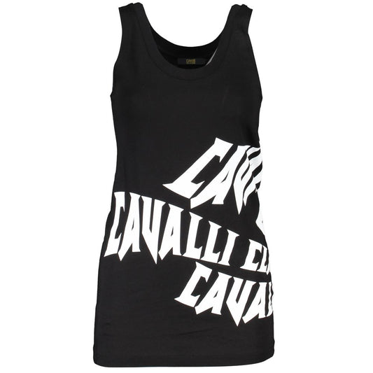 Black cotton women's tank top with a scoop neckline and large white logo graphic across the front