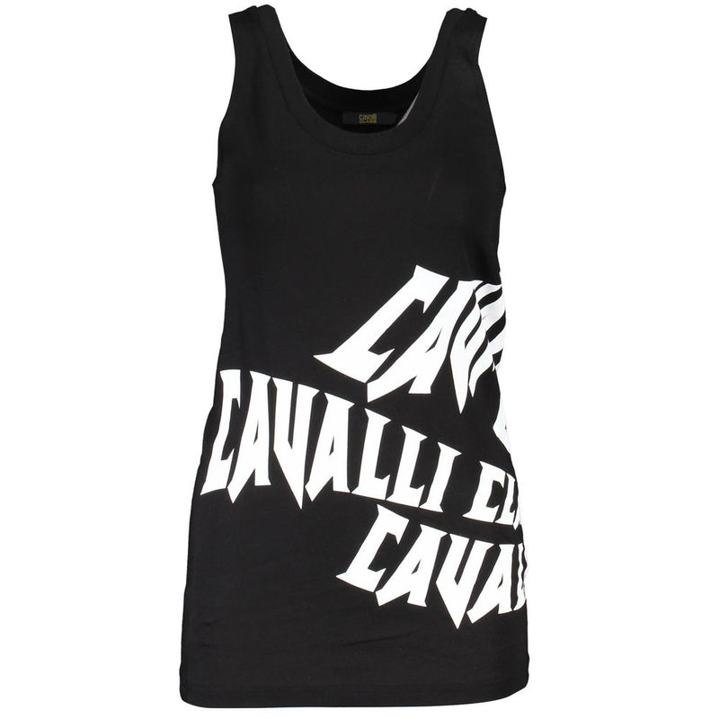 Black cotton women's tank top with a scoop neckline and large white logo graphic across the front