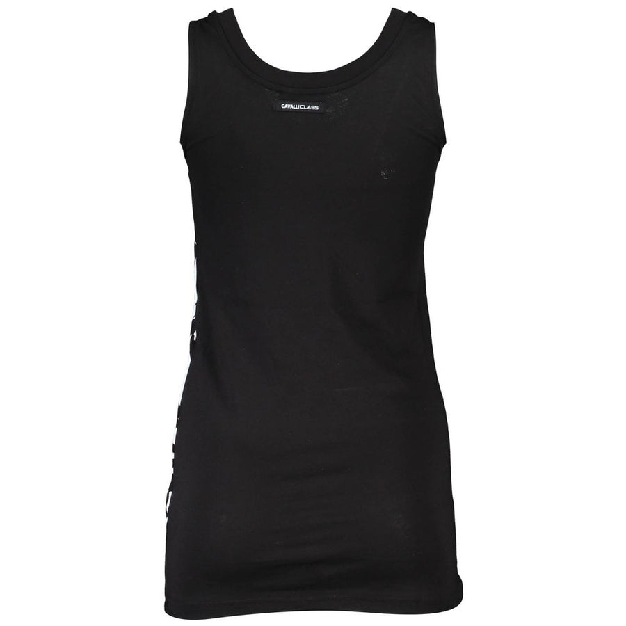Black cotton women's tank top with a scoop neckline and large white logo graphic across the front