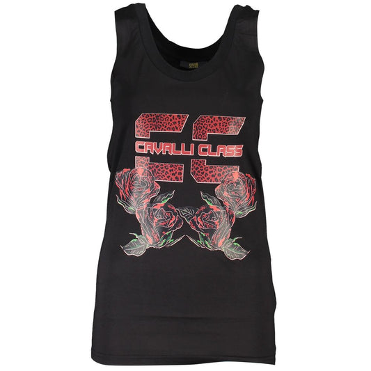 Black cotton women's tank top with red rose graphic and Cavalli Class logo