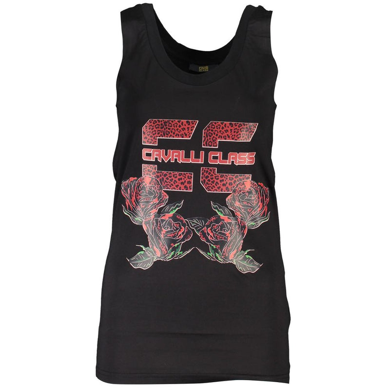 Black cotton women's tank top with red rose graphic and Cavalli Class logo