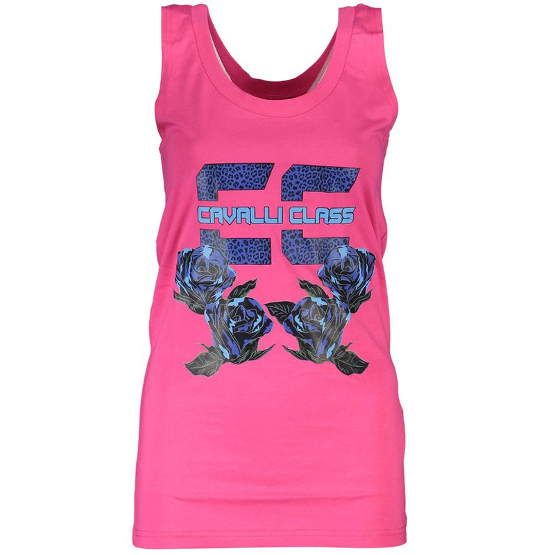 Pink cotton women's tank top with blue rose graphic and Cavalli Class logo