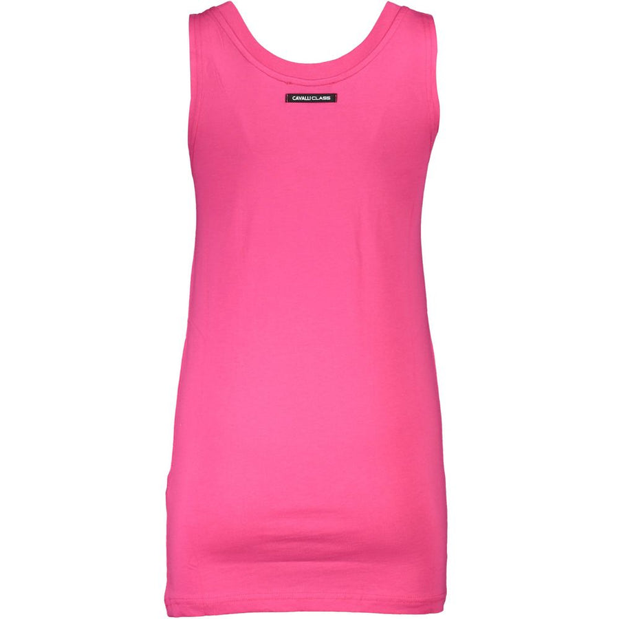 Pink cotton women's tank top with blue rose graphic and Cavalli Class logo