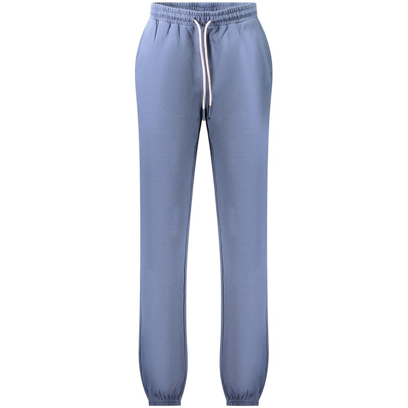Blue cotton women's sweatpants with elastic waistband and white drawstring