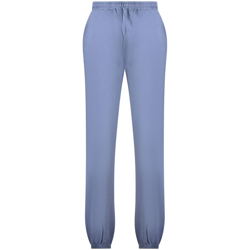 Blue cotton women's sweatpants with an elastic waistband and cuffs