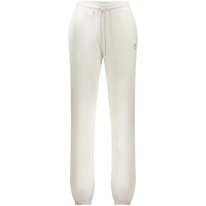 White cotton women's sweatpants with a drawstring waist and cuffed ankles