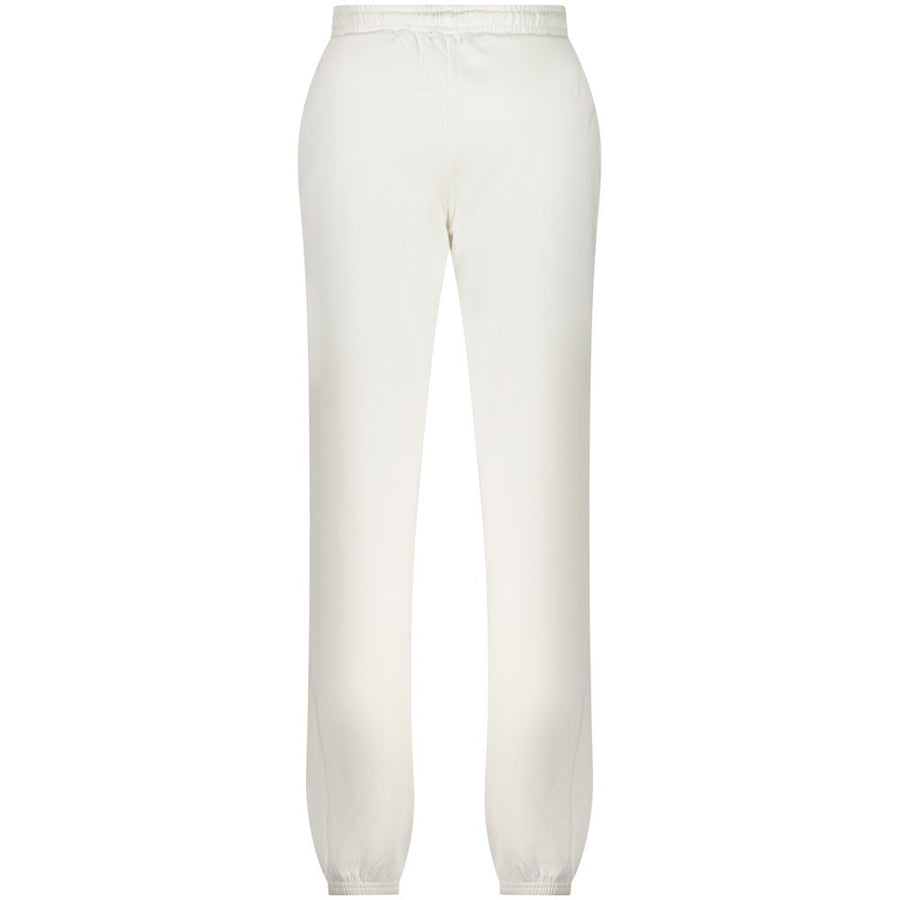 White cotton women's sweatpants with a drawstring waist and cuffed ankles