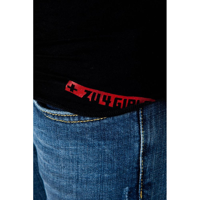 Black micro modal women tank top with a red branding detail on the hem worn with blue jeans