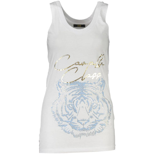 White cotton women tank top with gold logo and blue tiger graphic