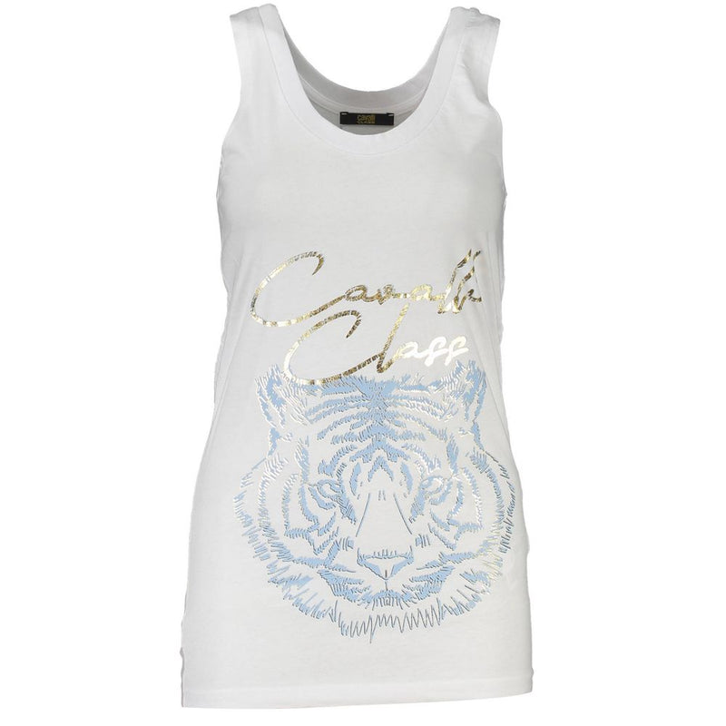 White cotton women tank top with gold logo and blue tiger graphic