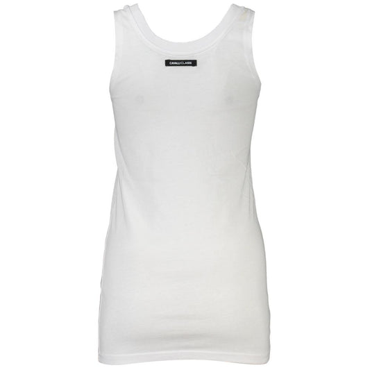 White cotton women's tank top with a scoop neckline and black brand label on the upper back