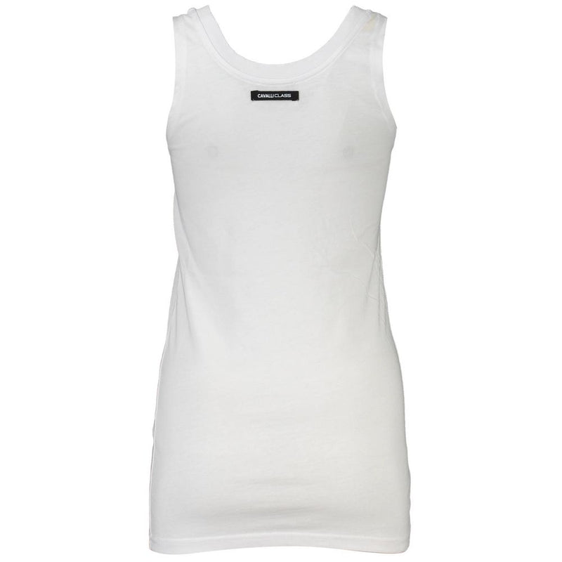 White cotton women's tank top with a scoop neckline and black brand label on the upper back