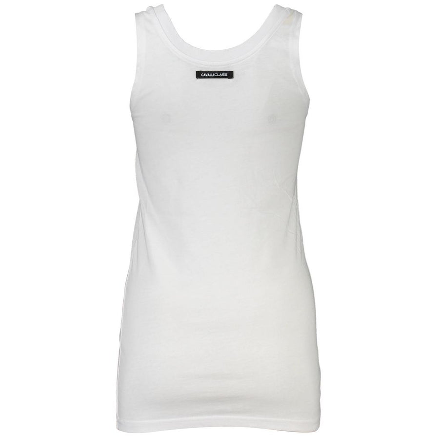 White cotton women tank top with gold logo and blue tiger graphic