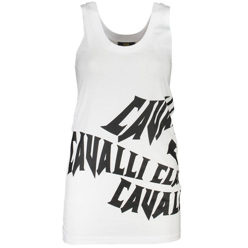 White cotton women scoop neck tank top with bold black Cavalli graphic print