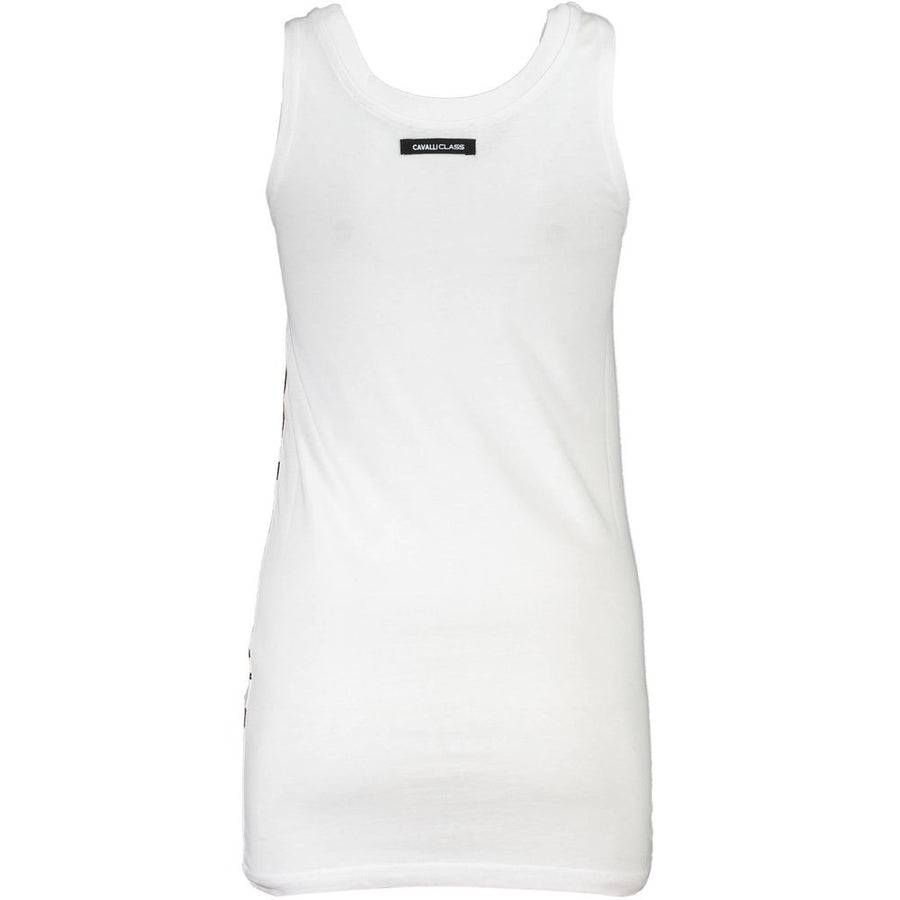 White cotton women scoop neck tank top with bold black Cavalli graphic print