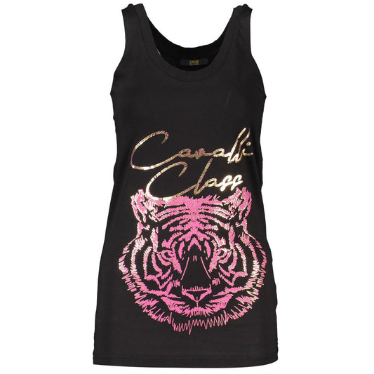 Black cotton women's tank top with a gold logo and a pink tiger graphic