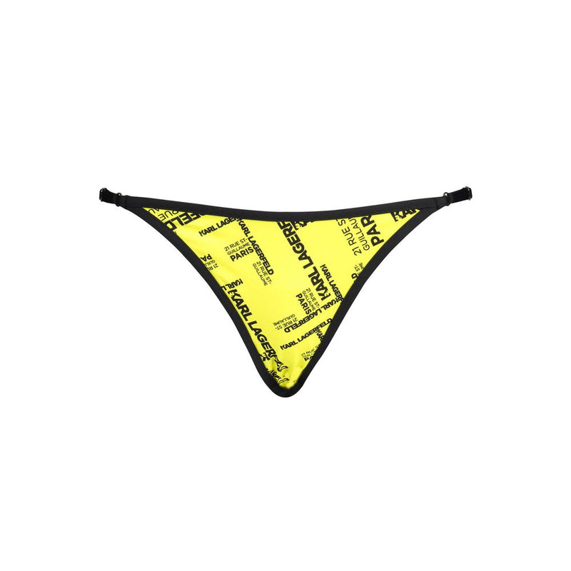 Bright yellow polyamide women's swim brief with black text print and straps