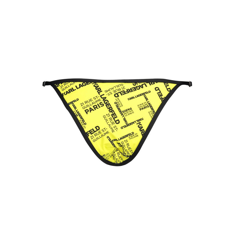 Yellow polyamide women's swim brief with black text print and black trim