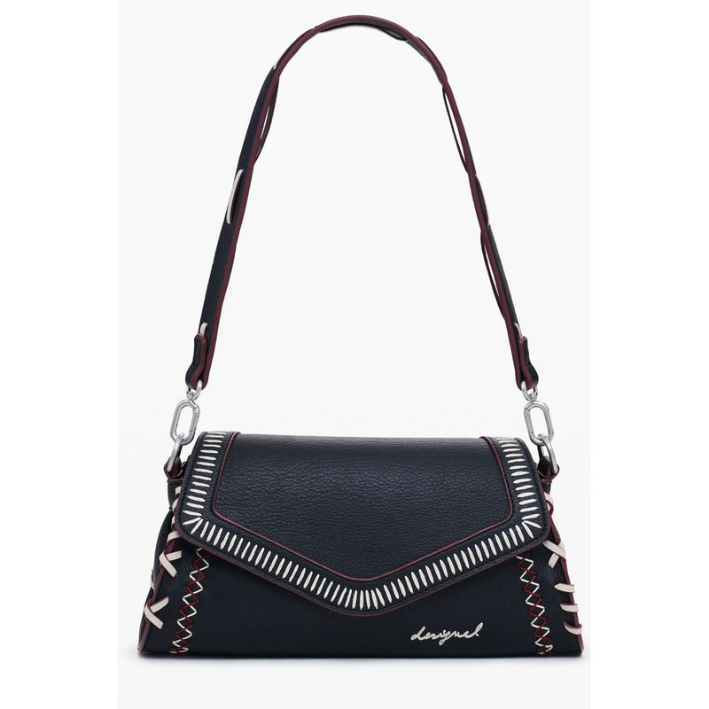 Black polyurethane shoulder bag with white and red decorative stitching and a flap closure