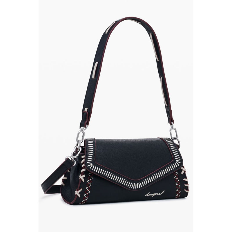 Black polyurethane Desigual shoulder bag with white and burgundy contrast stitching and straps