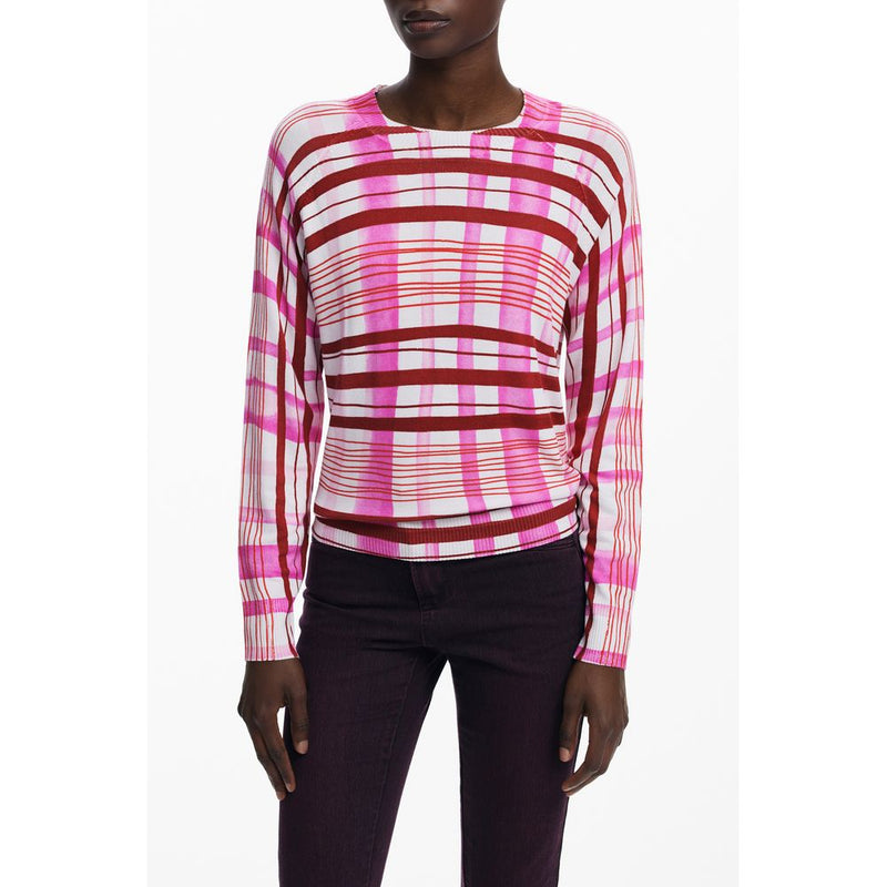 Pink and burgundy plaid knit viscose crewneck sweater
