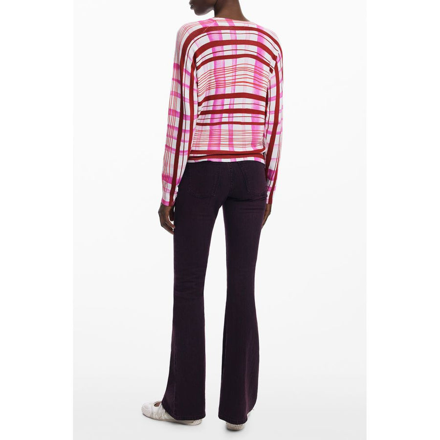 Pink and burgundy plaid knit viscose crewneck sweater