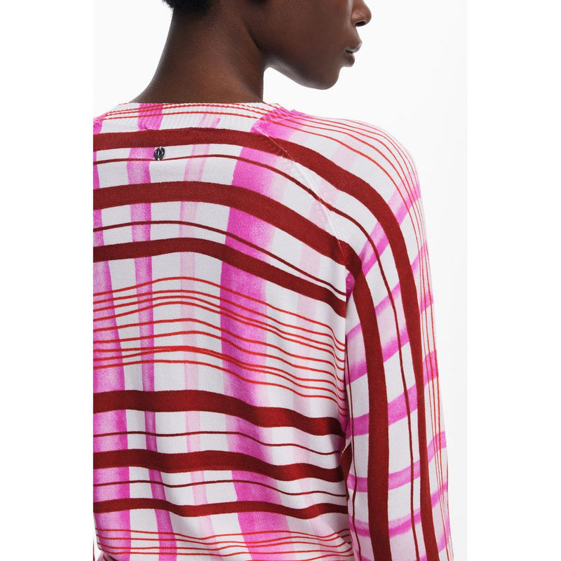 Pink, red, and white striped knit women's sweater with a crew neck