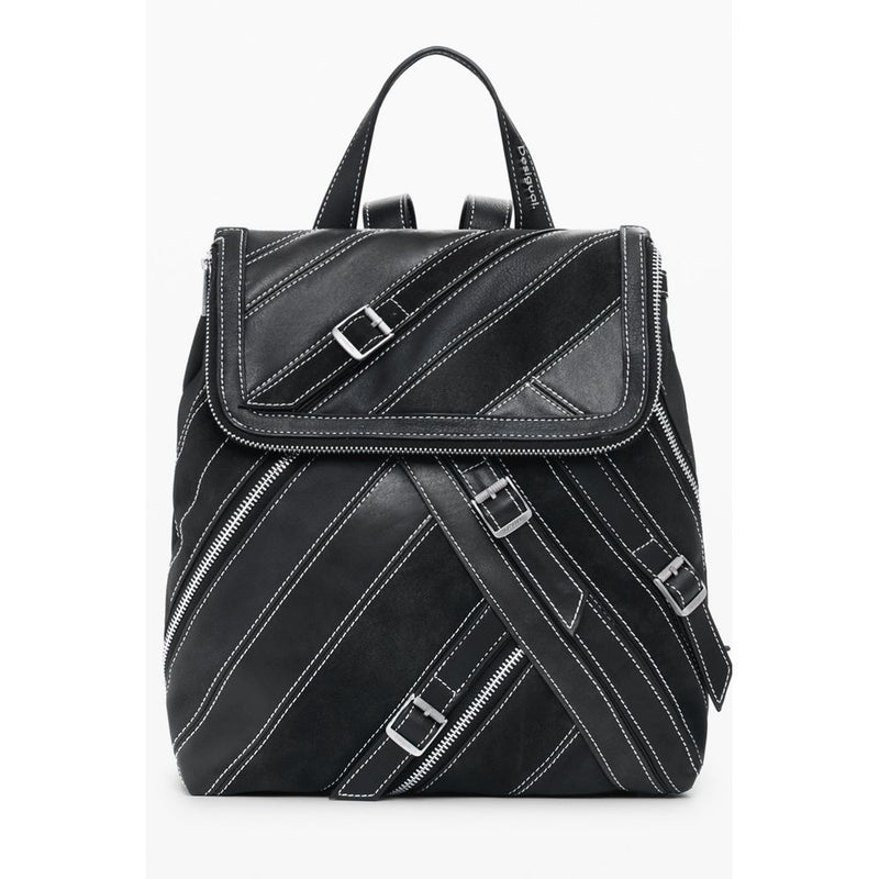 Black polyurethane women backpack with white contrast stitching, buckles, and zipper accents