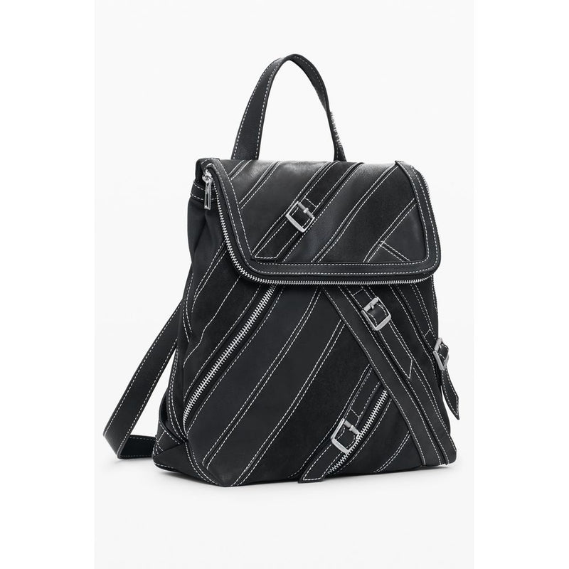Black polyurethane women backpack with white contrast stitching, diagonal stripes, zippers, and buckle accents