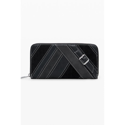 Black polyurethane women wallet with diagonal panels and white stitching detail